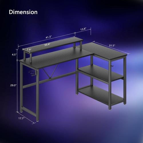 Présentation de Zoom sur Bureau d'angle L, support écran, étagère rangement, fibre