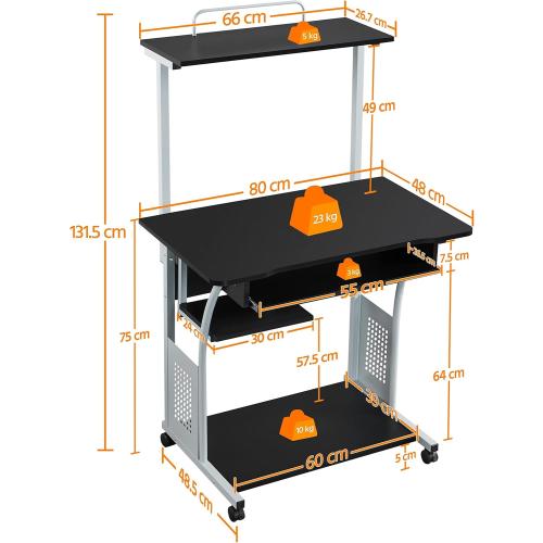 Présentation de Zoom sur Bureau Informatique Noir, Tablettes Rangement, Roulettes