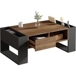 Présentation Table Basse Bois, Tiroir, Rangement Ouvert, Style Industriel