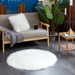 Tapis Fausse Fourrure Blanc Rond Moelleux Chambre Salon en situation