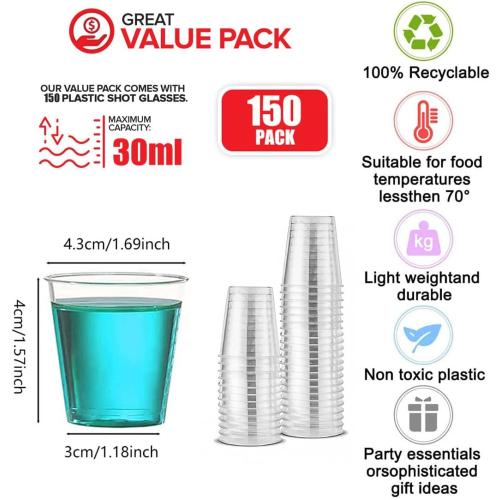 Présentation de Verres à Liqueur Plastique 150 Pièces, Réutilisables, Transparent en situation