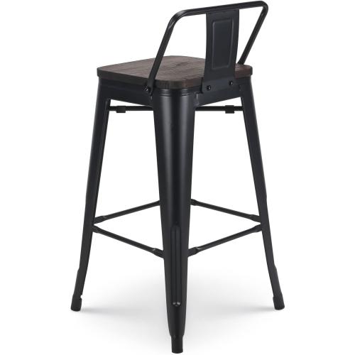 Présentation de Zoom sur Tabourets de Bar Métal Noir Mat, Style Industriel, Dossier, Bois Foncé