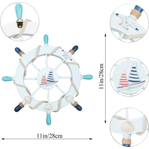 Présentation de Roue de Bateau Nautique Bois Fangoo, Décoration Murale Blanc, Bleu en situation