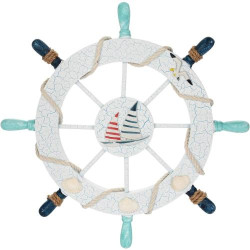 Présentation Roue de Bateau Nautique Bois Fangoo, Décoration Murale Blanc, Bleu