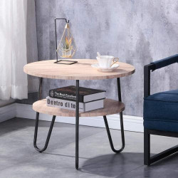 Table Basse Ronde Bois Scandinave, Design Deux Niveaux, Marron en situation