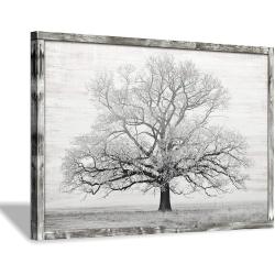 Présentation Décoration murale arbre hiver, impression bois naturel, cadre rustique