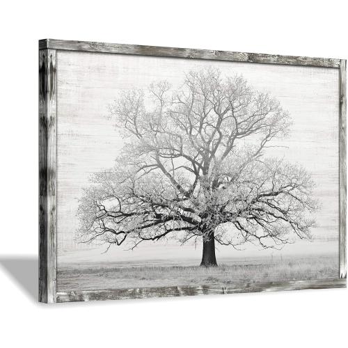 Présentation de Présentation Décoration murale arbre hiver, impression bois naturel, cadre rustique