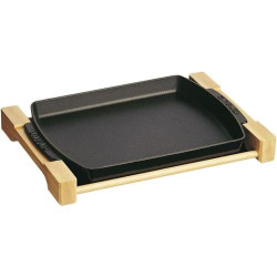 Présentation Assiette Fonte STAUB, Support Bois, Rectangulaire, Noir Mat