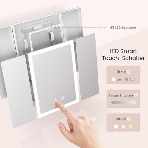 Présentation de Miroir cosmétique LED pliable, grossissant 2,5X, 3 couleurs en situation