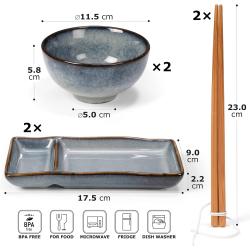 Set sushi Misaki gris bleu, assiettes, bols, baguettes en situation