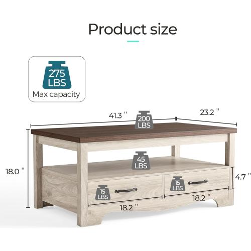 Présentation de Zoom sur Table basse rustique bois, rangement tiroirs, style chic