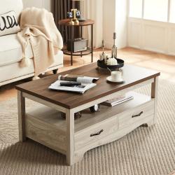 Table basse rustique bois, rangement tiroirs, style chic en situation