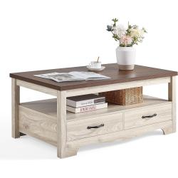 Présentation Table basse rustique bois, rangement tiroirs, style chic