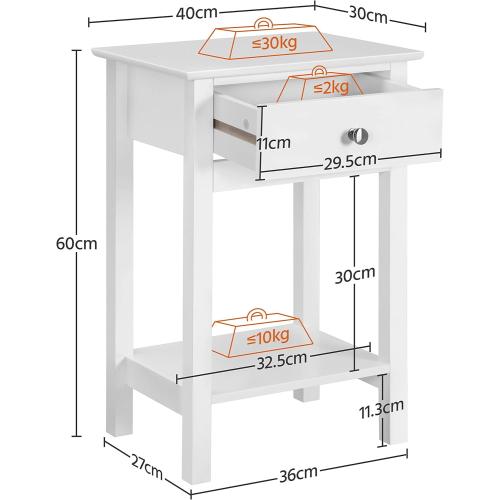 Présentation de Zoom sur Yaheetech Table de chevet Blanc, Tiroir, Étagère, Console
