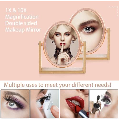 Présentation de Miroir maquillage double face grossissant 10x, or rose en situation