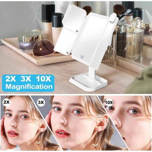 Présentation de Miroir maquillage rechargeable, trois volets, LED éclairage en situation