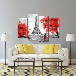 Toile murale 4 panneaux Noir Blanc Rouge Parapluie Eiffel en situation