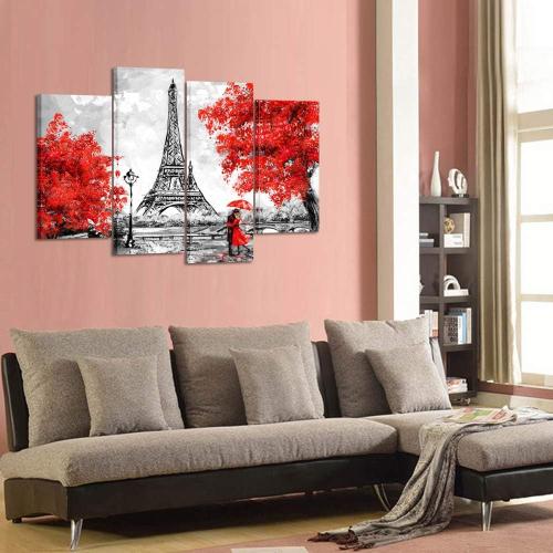 Présentation de Zoom sur Toile murale 4 panneaux Noir Blanc Rouge Parapluie Eiffel