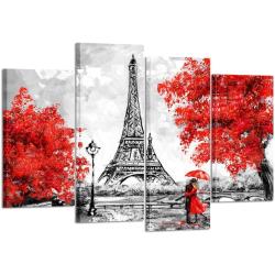 Présentation Toile murale 4 panneaux Noir Blanc Rouge Parapluie Eiffel