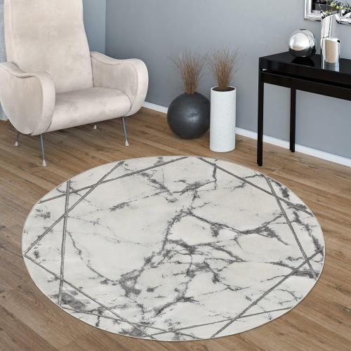 Présentation de Zoom sur Tapis Salon Gris Argent Marbre Design 3D Poil Ras