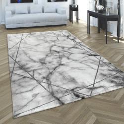 Présentation Tapis Salon Gris Argent Marbre Design 3D Poil Ras