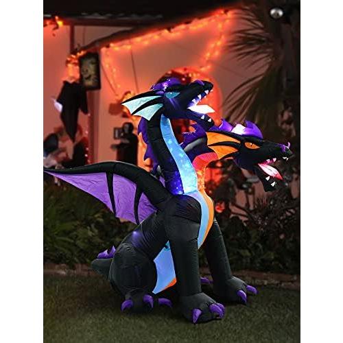 Présentation de Zoom sur Dragon Gonflable Halloween, 2 Têtes, Lumières Intégrées, Décoration Jardin