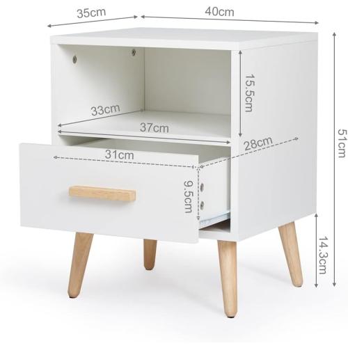 Présentation de Zoom sur Table de Chevet Blanc, Tiroir, Étagère Ouverte, Bois Massif