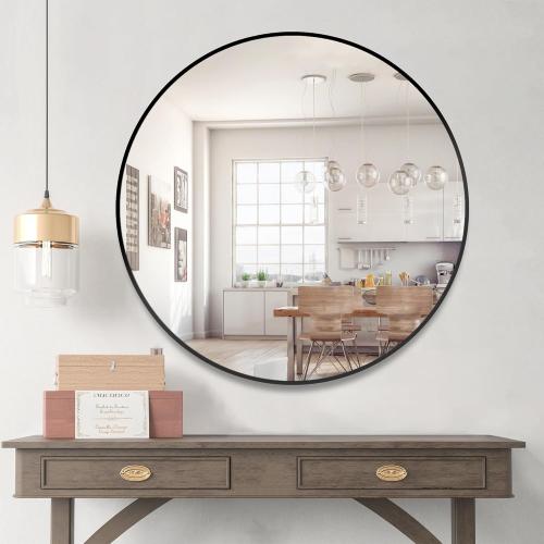 Présentation de Zoom sur Miroir rond noir, salle de bain, entrée, coiffeuse