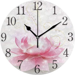 Présentation Horloge Murale Ronde Fleur Lotus Rose Mnsruu Silencieuse