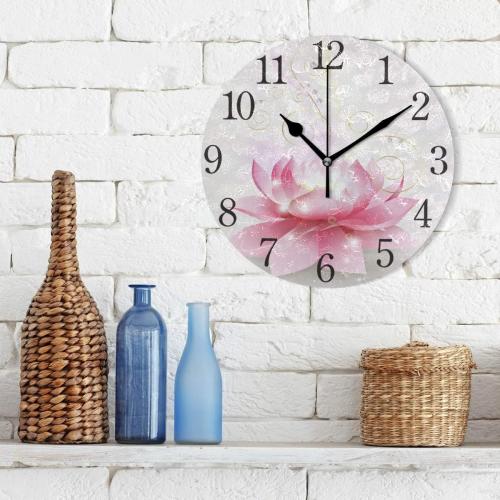 Présentation de Zoom sur Horloge Murale Ronde Fleur Lotus Rose Mnsruu Silencieuse