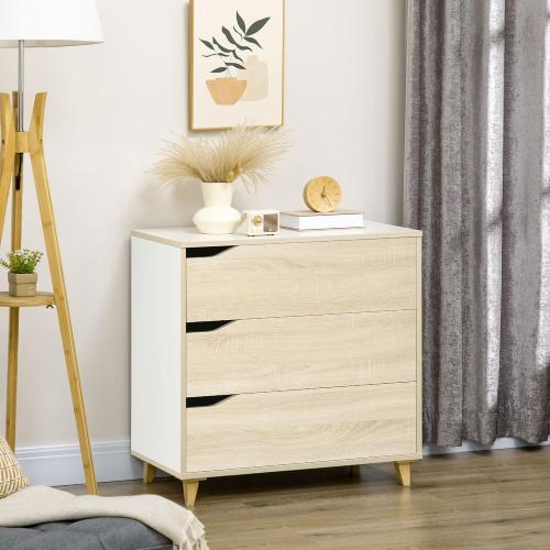 Présentation de Commode 3 Tiroirs HOMCOM, Rangement Bicolore Blanc Bois en situation