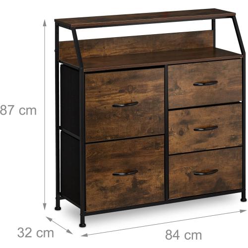 Présentation de Zoom sur Commode industrielle, 5 tiroirs, étagère déco, brun noir