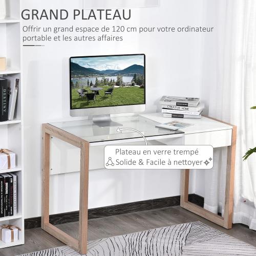 Présentation de Zoom sur Bureau Informatique Verre Trempé, Tiroir Intégré, Blanc Bois