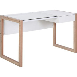 Présentation Bureau Informatique Verre Trempé, Tiroir Intégré, Blanc Bois