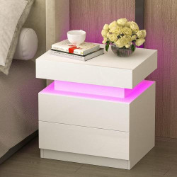 Présentation Table de Chevet Moderne Brillante, LED Blanche, 2 Tiroirs