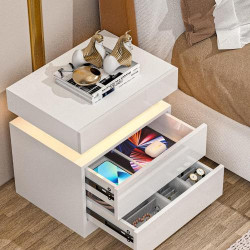 Table de Chevet Moderne Brillante, LED Blanche, 2 Tiroirs en situation