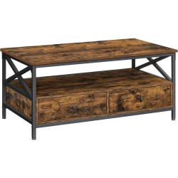 Présentation Table Basse Industrielle Marron Rustique, 2 Tiroirs, Compartiment Ouvert