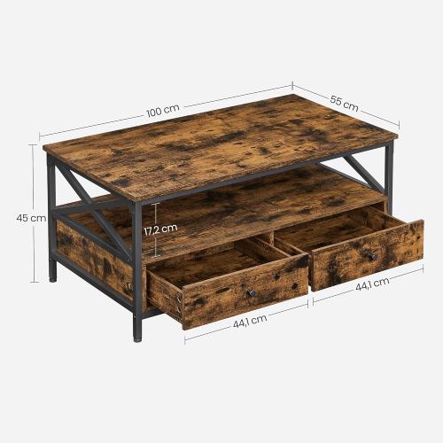 Présentation de Zoom sur Table Basse Industrielle Marron Rustique, 2 Tiroirs, Compartiment Ouvert