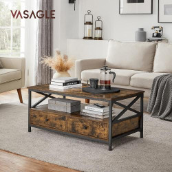 Table Basse Industrielle Marron Rustique, 2 Tiroirs, Compartiment Ouvert en situation