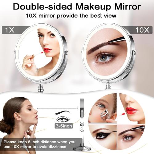 Présentation de Miroir maquillage lumineux rechargeable, double face, 3 couleurs en situation