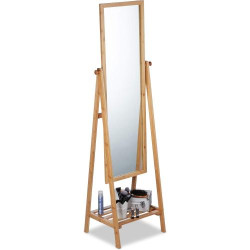 Présentation Miroir sur pied Relaxdays, bambou, plateau rangement naturel