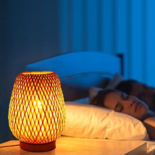 Présentation de Zoom sur Petite Lampe de Table en Bambou Boho - Éclairage de Chevet Tissé