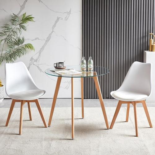 Présentation de Zoom sur Table à manger ronde verre, pieds bois hêtre, design moderne