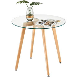 Présentation Table à manger ronde verre, pieds bois hêtre, design moderne