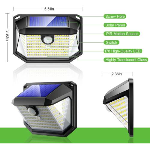 Présentation de CYYSHR Lampe Solaire Extérieur 178 LED, Détecteur Mouvement en situation