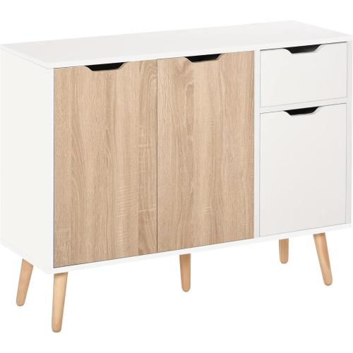 Présentation de Présentation Buffet Design Scandinave Homcom, 2 Placards, Blanc, Chêne Clair