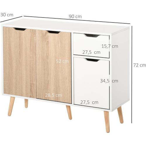 Présentation de Zoom sur Buffet Design Scandinave Homcom, 2 Placards, Blanc, Chêne Clair