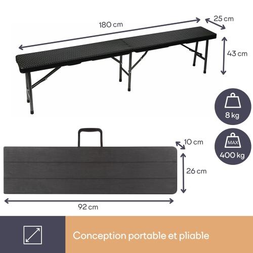 Présentation de Perel Banc Pliant Noir, Résistant Intempéries, Aspect Rotin en situation