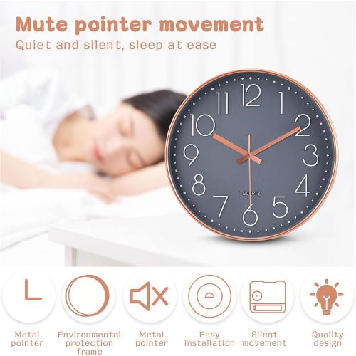 Présentation de Zoom sur Horloge Murale Moderne Ronde, Quartz, Silencieuse, Pile