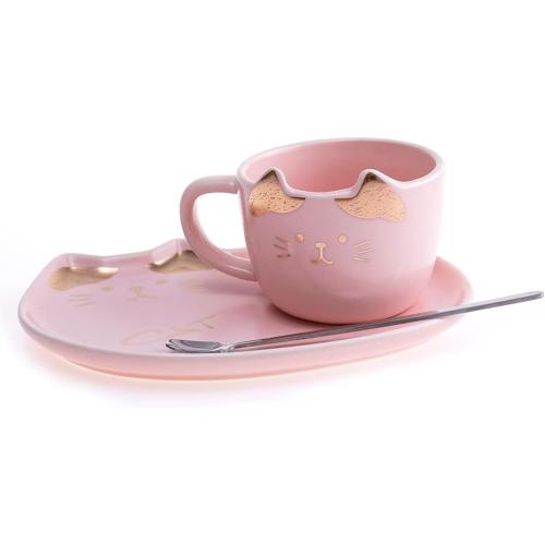 Présentation de Zoom sur Tasse Chat Kawaii Rose, Cuillère, Décoration Japonaise